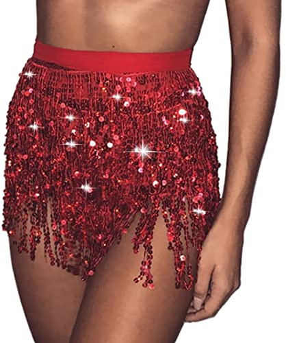 Danshinbow Halloween Sequin Costume Belly Dance Skirt Hip Belt Tassel Skirt Hip Wrap Scarf Rave Music Festival Costume for Women (UK, Waist, 26, Regular, Regular, Red)