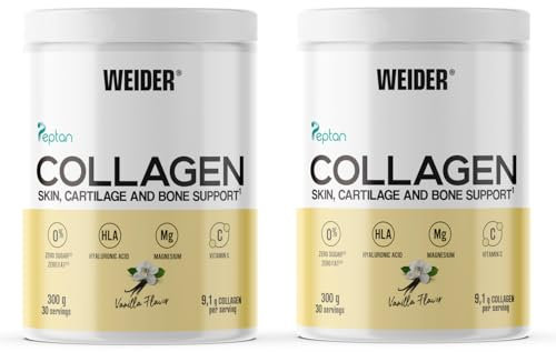 Weider Collagen PACK DUO (2x300g) Gusto Vaniglia, Collagene Bovino in Polvere con Acido Ialuronico, Magnesio e Vitamina C, Peptidi di Collagene 100% Qualità Peptan, Senza Zucchero, Senza Grassi, Keto