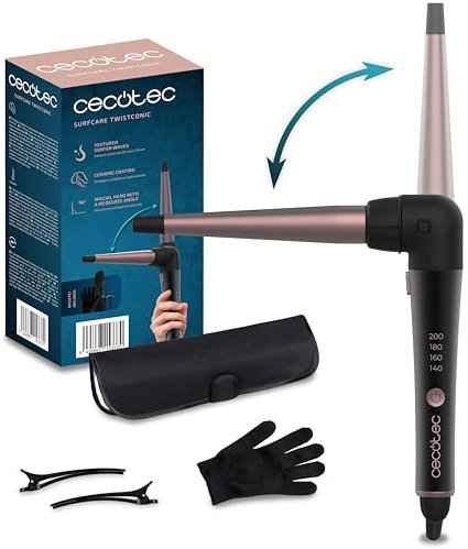 Cecotec Rizador de pelo cónico SurfCare TwistConic. Rizador de pelo cónico con codo de 90 grados para mayor comodidad, incluye guante térmico, estuche y 2 clips.