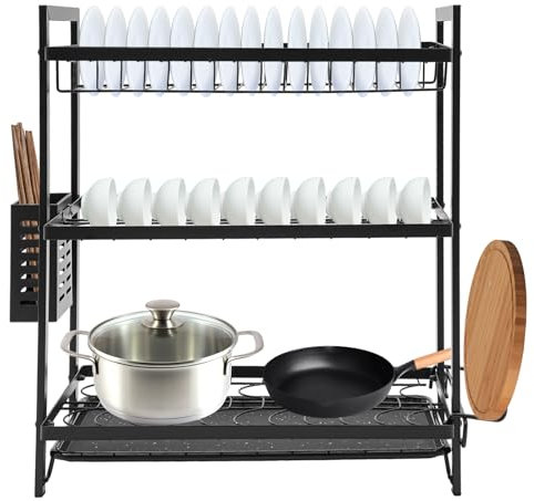 Linanty Egouttoir à Vaisselle, égouttoir à Vaisselle à 3 Niveaux avec égouttoir, pour la Cuisine et la Salle à Manger avec Baguettes, Couverts et Planche à découper, Noir