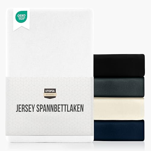 Utopia Bedding Jersey Spannbettlaken, Weiß, 140 x 200 cm – 25 cm, Bettlaken Baumwollmischung, Oeko-Tex Zertifiziertes, Zuschnitte für Dicke Matratzen