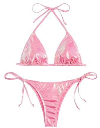 GORGLITTER Women's Metallic Bikini Set Halter Triangle Sexy 2 Piece Swimsuits Tie Side Bottom Swimwear Pink Large