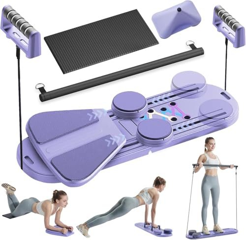 Multifunctional Abdominal Board with Resistance Bands and Knee Mat, Automatic Rebound Ab Roller with Elbow Support, Multi-Functional Ab Exercise Board, Abs Exercise Machine for Full Body (Purple Set)