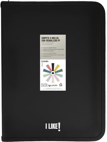 Grafoplas A4-ringpärm med A4+ dragkedjor, svart, 4 ringar 25 mm, inklusive plastkompressor, Like brevpapper samling, polypropylenmaterial, perfekt skolmaterial