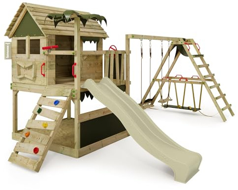 Fatmoose Parco giochi Portico Legno TikaTaka con altalena SurfSwing e Scivolo Verde Salvia, Capanna Bambino Esterno con Sabbia, Scala Arrampicata & Accessori Giochi
