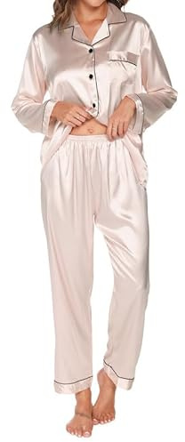 TeJoyce Women's Pyjama Sets Long Sleeve Silk Pjs for Women Sets Soft Satin Button Down Pj Sets Loungewear for All Seasons Champagne