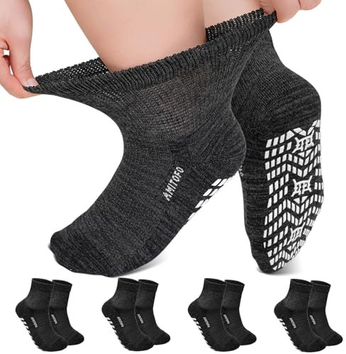LOFIR Bambus Diabetiker Socken für Damen: Diabetikersocken ohne Gummibund und Naht für Frauen - ABS Antirutsch Socken mit Komfortbund für Krankenhaus Senioren 4 Paar Schwarz 43-46