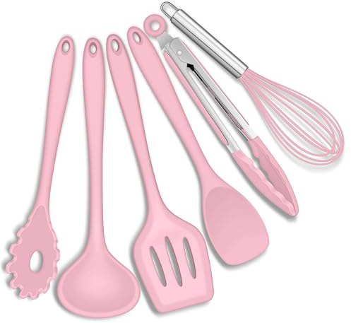 Joyfair 6 stycken rosa silikon köksredskap set för matlagning och bakning | Värmebeständig och livsmedelssäker, non-stick och hållbar, ergonomiskt handtag, mjukt silikonhuvud, diskmaskinssäker