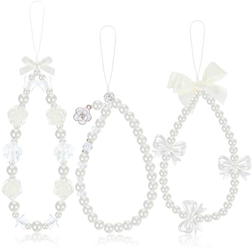 Ouligay 3 Stück Y2K Handyanhänger Kurz Handykette Perlen Cute Weiß Perlen Handy Kette Kurz Anhänger für Handyhüllen Handyanhänger Aesthetic Schleife Rosen Phone Charm für Frauen Mädchen