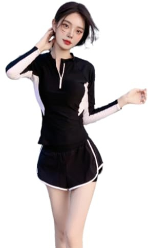 Traje de baño tankini con cremallera frontal para mujer, traje de baño de dos piezas, traje de baño deportivo de manga larga con pantalones cortos, Negro, L