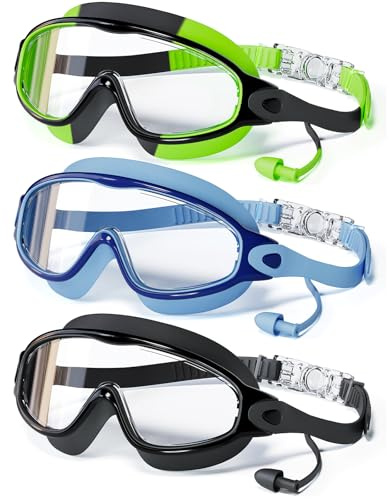 CMBJJU 3 Pack Swimming Goggles, Kid Goggles with Earplugs Large Frame Anti-Fog/UV Wide View Swim Goggles Boys Girls 4-12 (3PACK-Green+Blue+Black-SG03)