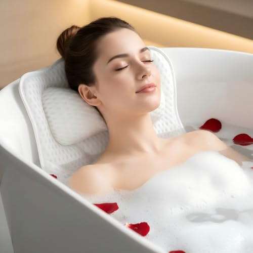 Bath Pillow for Bathtub, Ergonomic Luxury 4D Mesh Bath Cushion with Head, Neck, Shoulder & Back Support, Non-Slip Bathtub Pillow with 6 Strong Suction Cups, Spa Bath Pillow Fits Most Tubs, White