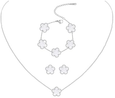 JYIXXZX Smyckeset med fyra blad för kvinnor, silver, rostfritt stål, lyckoamulett, halsband, örhängen, justerbart armband, set för födelsedag, bröllop, present, årsdag