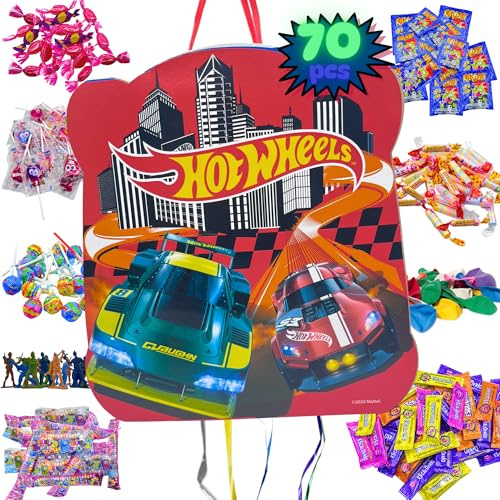 Piñata Hot Wheels + Pack 70 Chuches Sin Gluten y Juguetes Piñata - Piñata Cumpleaños - Hot Wheels Cumpleaños - Piñata - Relleno Infantil Hotwheels - Chuches Fiesta PARTY4EVER