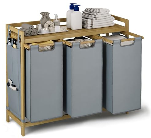 Blishom Wäschekorb 3 Fächer, 150L Bambus Wäschesammler, mit Ablage, Wäschesack, kleine seitliche Taschen, Abnehmbaren Wäschebox, Wäscheregal für Schlafzimmer Waschküche, 94x33x78 cm, Grau