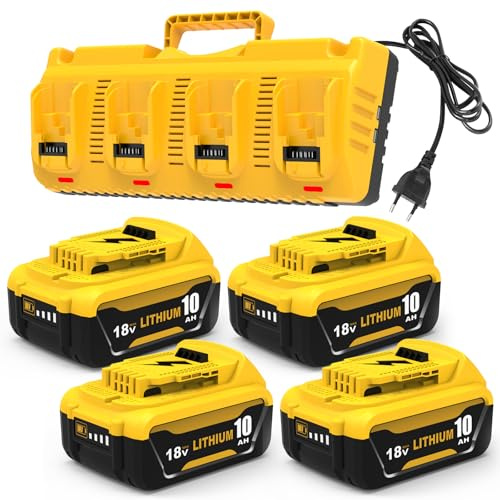 4er-Set 10.0 Ah Ersatzakkus für Dewalt Akku 18V DCB204/DCB206 + Vierfach-Ladegerät DCB104 für Bohrmaschine DCD791/Bohrhammer DCH273/Kreissäge DCS391 – Baustellenarbeiten, Heimwerken, Renovieren