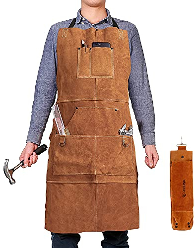 QeeLink Leather Woodwork Apron with 6 Tool Pockets Heavy Duty Welding Apron for Men Women Heat Resistant Work Shop Supplies, 24'' x 42'', Adjustable M to XXL
