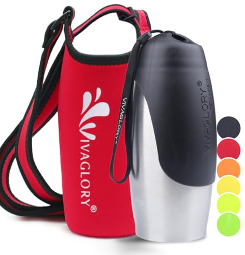 VIVAGLORY Dog Water Bottle & Bottle Holder With Strap Combo for Travel & Walking, Carrier With Adjustable Shoulder Strap, Portable & Stainless Steel for Pet Puppy, 750ml, Red