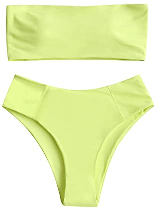 ZAFUL Women's High Cut Bandeau Bikini Set Strapless Solid Color 2 Pieces Bathing Suit Swimsuit (0-Fluorescent Yellow,S)