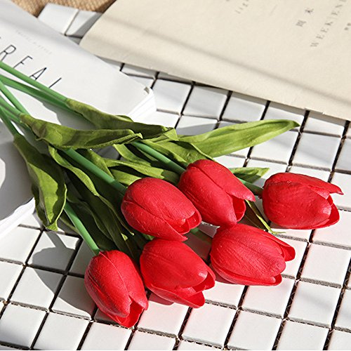Momolaa Lot de 5 Tulipes artificielles,Fleurs artificielles, Bouquet de Fausses Fleurs Tulipe Bouquet de mariée pour la décoration de fête dans Le Jardin à la Maison (Rouge)
