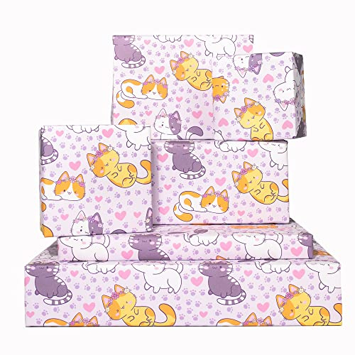 Central 23 - Papel de regalo de cumpleaños - Hojas de papel de regalo moradas - Gatos y corazones - 6 hojas de papel de regalo para mujeres, niñas, mujeres, adolescentes