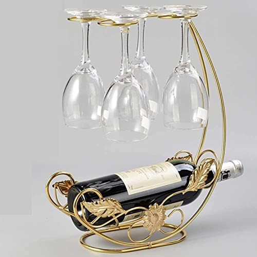 Hongiuia Countertop Metal Wine Glass Holder, Wine Countertop Tall Glass Holder, Kitchen Bar Display, Holds 1 Bottle 4 Wine Glasses, Dining Table Wine Bottle Accessory, Gold