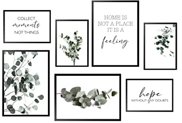 Postertech® Mood Affischset, bilder som väggdekoration, vardagsrum och sovrum natur livsstil mode collage vägg (utan ram – DIN A4 & DIN A3, eukalyptusväxter)
