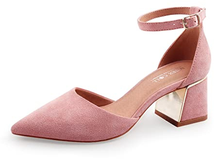 BCTEX COLL Womens Pointed Toe Pumps Shoes Ankle Strap Chunky Low Heels Metal Lined Sandals Designed for Women(pi9) Pink