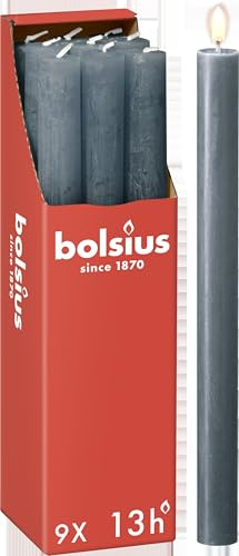 Bolsius - Rustik Lot de 9 bougies à tige - Bleu - Longueur : 13 heures - Sans parfum - Cire végétale naturelle - Sans goutte - Sans huile de palme - 27 x 2,3 cm