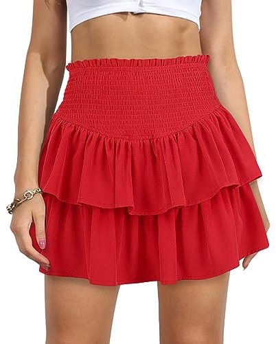 Vigorics Minifalda de cintura alta con volantes para mujer, bonita falda corta escalonada con pantalones cortos debajo, Rojo, S