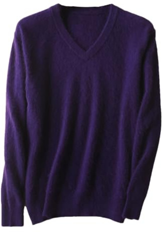 Men's Solid V-Neck Cashmere Knitted Sweaters Winter Casual Long Sleeve Warm Jumper Pullovers Purple M