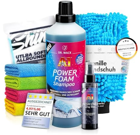 Vorreiniger Shampoo Set: Dr. Wack A1 Power Foam Shampoo (1L) + Waschhandschuh + Mikrofasertücher + Dr. Wack Spray Wax - Auto waschen, Außen Reinigung, Versiegelung, Lackreiniger | 7-teilig
