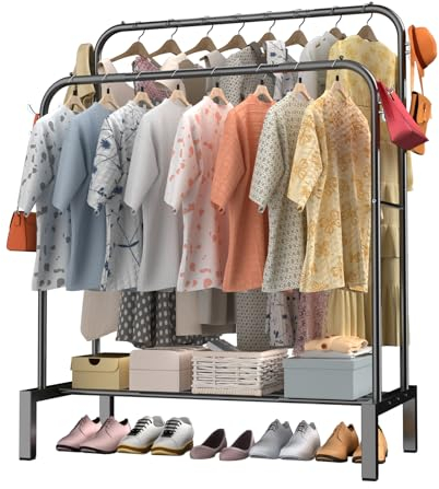 LOEFME Kleiderständer, 110 * 40 * 150cm Großer Raum Kleiderstange, Double-Rail Kleiderständer Stabil, Minimalistisches Design Clothes Rack, Freistehender Kleiderstange für Schlafzimmer, Schwarz