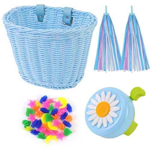 Ensemble de Panier de Vélo pour Enfants, Cloche et Banderoles de Vélo pour Enfants, Accessoires de Décoration de Vélo d'équilibre, Panier de Vélo, Perles de Rayons de Roue pour Filles (Bleu)
