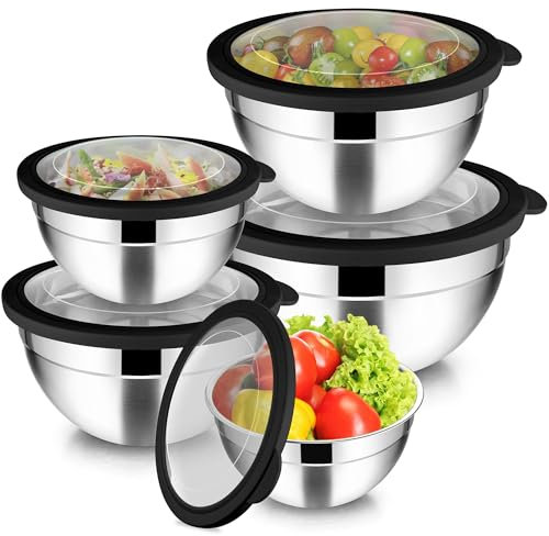 Joyfair Lot de 5 bols mélangeurs en acier inoxydable avec couvercle hermétique transparent, 4,5 l, 2,7 l, 1,5 l, 1,2 l, 0,7 l, saladiers empilables pour servir, cuisiner, cuire au four, passe au