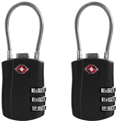 Lot de 2 cadenas à combinaison à 3 chiffres homologués TSA - Cadenas à câble en acier réglable pour voyage, valise, sac à dos, casier, salle de sport (noir + noir)
