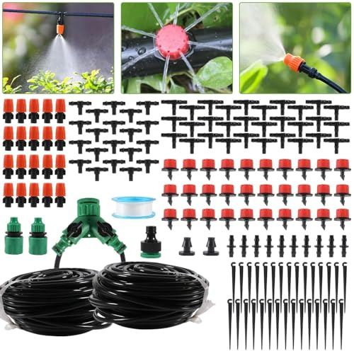 98FT Drip Irrigation System, Micro Garden Drip Irrigation System with 1/4 inch Tubing & Adjustable Misting Nozzle Sprinkler, Automatic Watering System for Greenhouse, Yard, Lawn, Plant