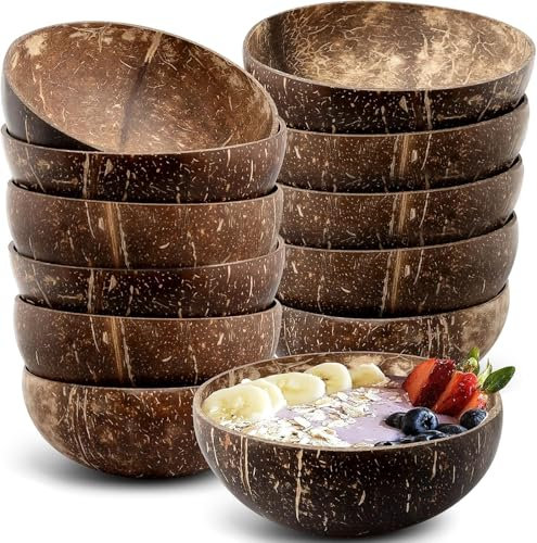 Natural Coconut Bowls Set of 12, 400 ml/13.5 Oz Polished Wooden Smoothie Bowl Acai Salad Bowl Buddha Bowls for Vegan Gifts Kitchen Decor Party Serving Bowl, 15x15 cm