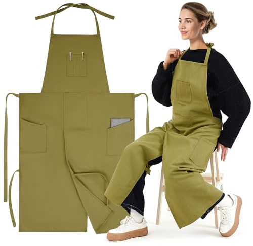 Cotwinter Pottery Apron Split Leg, Full Coverage Ceramic Wheel Throwing Apron with Pockets for Women & Men, Adjustable Cross Back Canvas Aprons for Pottery, Clay, Woodturning Artists