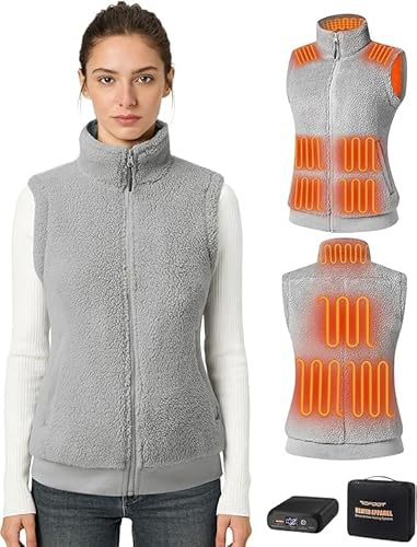 Topdot Polaire Gilet Chauffant Femme Avec Batterie 16000 mAh Incluse,10 Zones de Veste Chauffante,Gilet Chauffant Electrique Avec 3 TempéRatures RéGlables Pour Le Travail En ExtéRieur,Ski,Gris,M