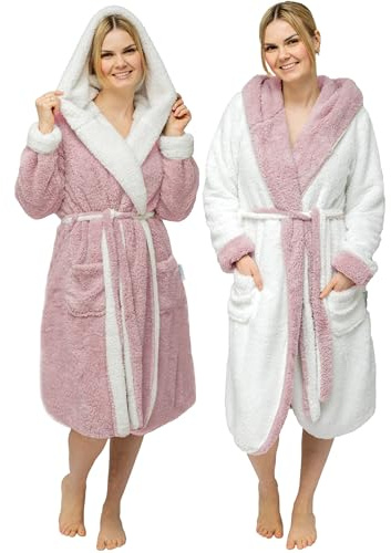 CalmyLIFE Peignoir pour femme réversible avec capuche, Vieux Rose/Blanc, L
