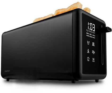 MEDION Toaster 4 Scheiben mit Brötchenaufsatz (7 Bräunungsstufen, 5 Automatikprogramme, 1.450 Watt, 2 lange Toastschlitze, Auftauen, Aufwärmen, Krümelschublade, Edelstahl Matt, MD 12103) schwarz