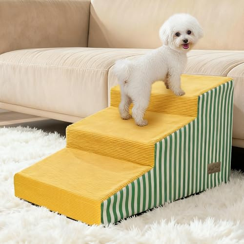 Scaletta per Cani Divano Alto 40 cm 3 Gradini Scala per Cani Piccoli Gatti in Spugna per Salire Letto Divano Antiscivolo Rampa Rivestimento Rimovibile Lavabile, Giallo con verde