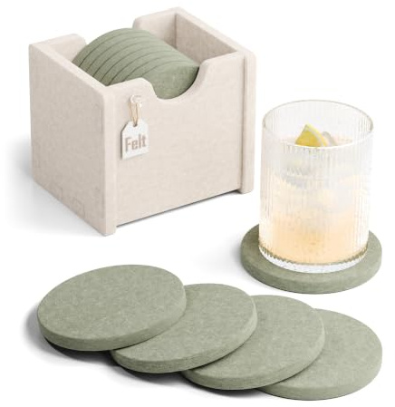 Fluxynara Felt Drink Coasters with Holder, Round, Set of 8, Sage | Absorbent, Heat-Resistant & Reusable Felt Coasters for Drinks, Coffee Tables and Home Decor, Ideal for Gifting, 10 cm