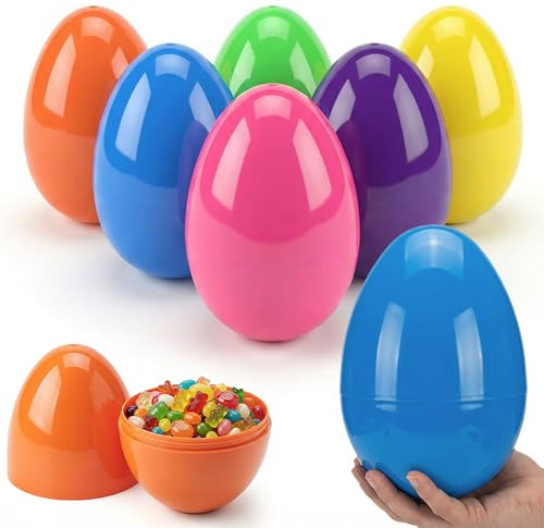 AquaHood Easter Eggs Decorations Plastic Large: 7 Inch 6 Pack Jumbo Fillable Colorful Bright Easter Egg Hunt Empty Bulk Assortment