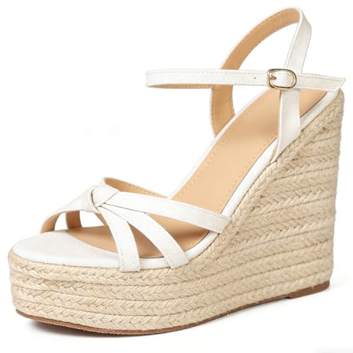 Blanca,38 EU,Sandalias espadrillas de cuña mujer plataforma punta abierta tiras cruzadas hebilla tobillo ajustable viaje vacaciones playa paseo compras diario