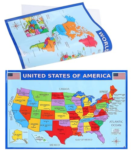 YARNOW Poster Carta Geografica Globale e Mappa America in Carta UV Resistente, per Back To School Party e Apprendimento in Casa o Aule Scolastiche