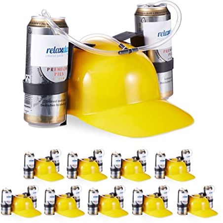 Relaxdays 10 x Party Trinkhelm, Helm mit Schlauch, für 2 Dosen Bier, Spaßartikel Fasching u. Fußball, lustiger Bierhelm, gelb