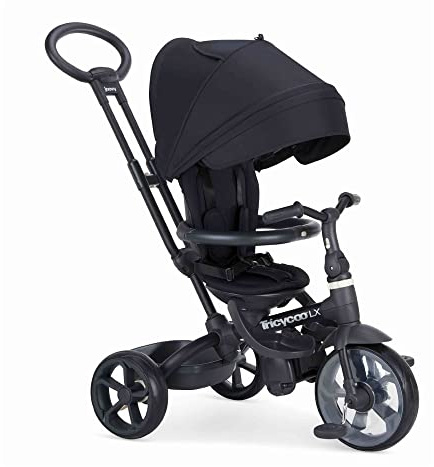 Joovy Tricycoo LX Premium Kids Tricycle with 8 Stages Featuring Chunky Front Tire, Removable and Adjustable Parent Handle, Machine-Washable Seat Pad, and Retractable Canopy, Black, 1 Count (Pack of 1)