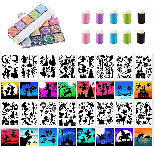 EasyLife Painting Stencil Template Set, einschließlich 16 Stück Hohlmalschablonen, 20 Stück Colors Stamp Pads, 10 Stück Finger Drawing Tools, für DIY-Zeichenprojekte